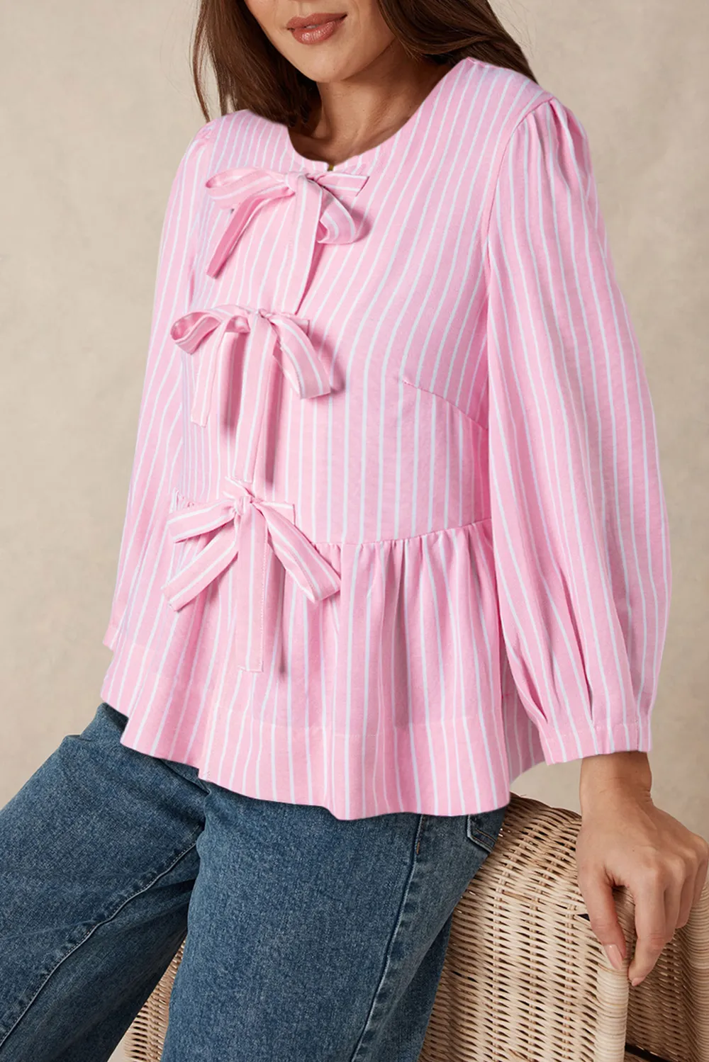 Tied Bow Striped Round Neck Blouse, image 4