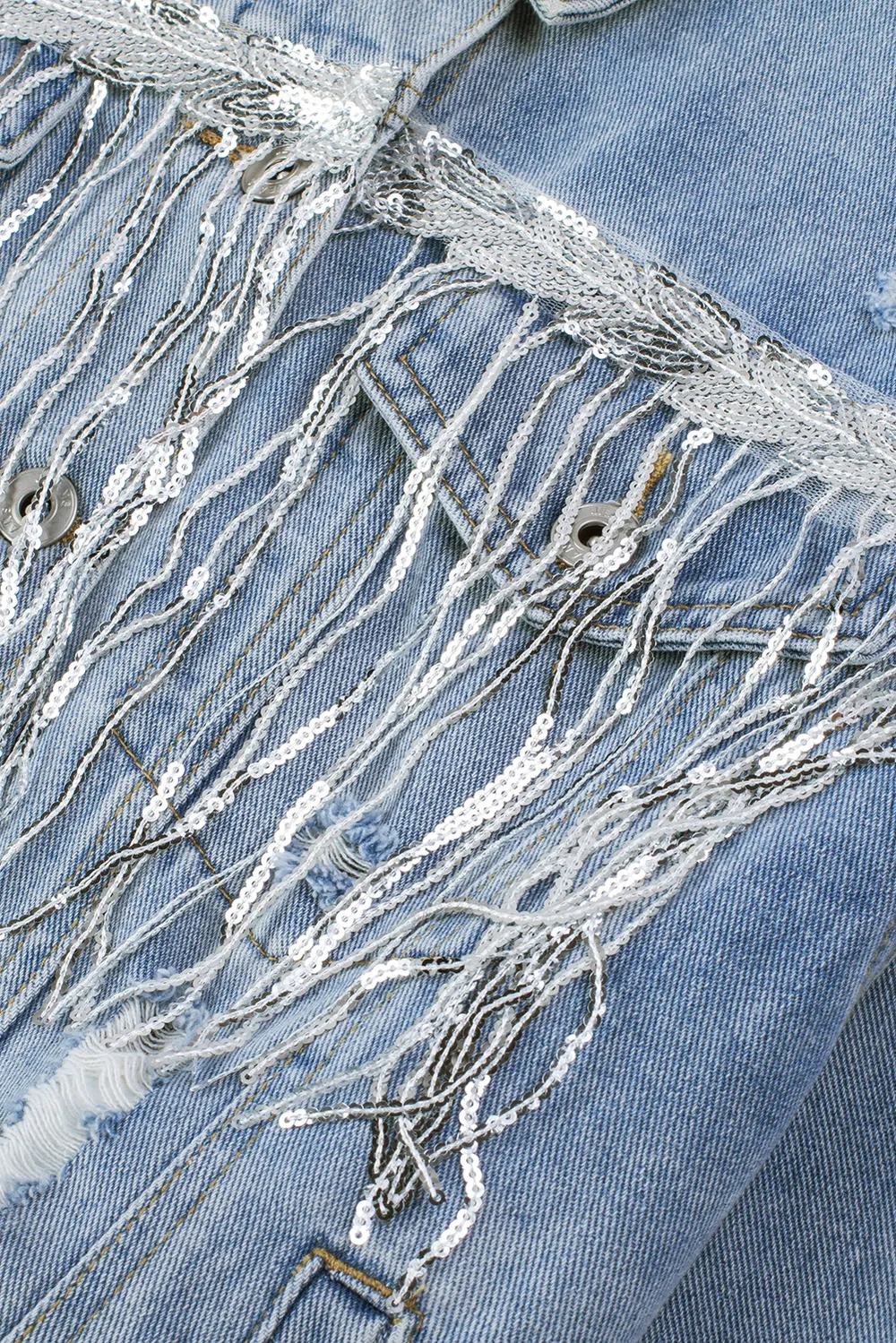 Sequin Fringe Trim Distressed Button Up Denim Jacket, image 13