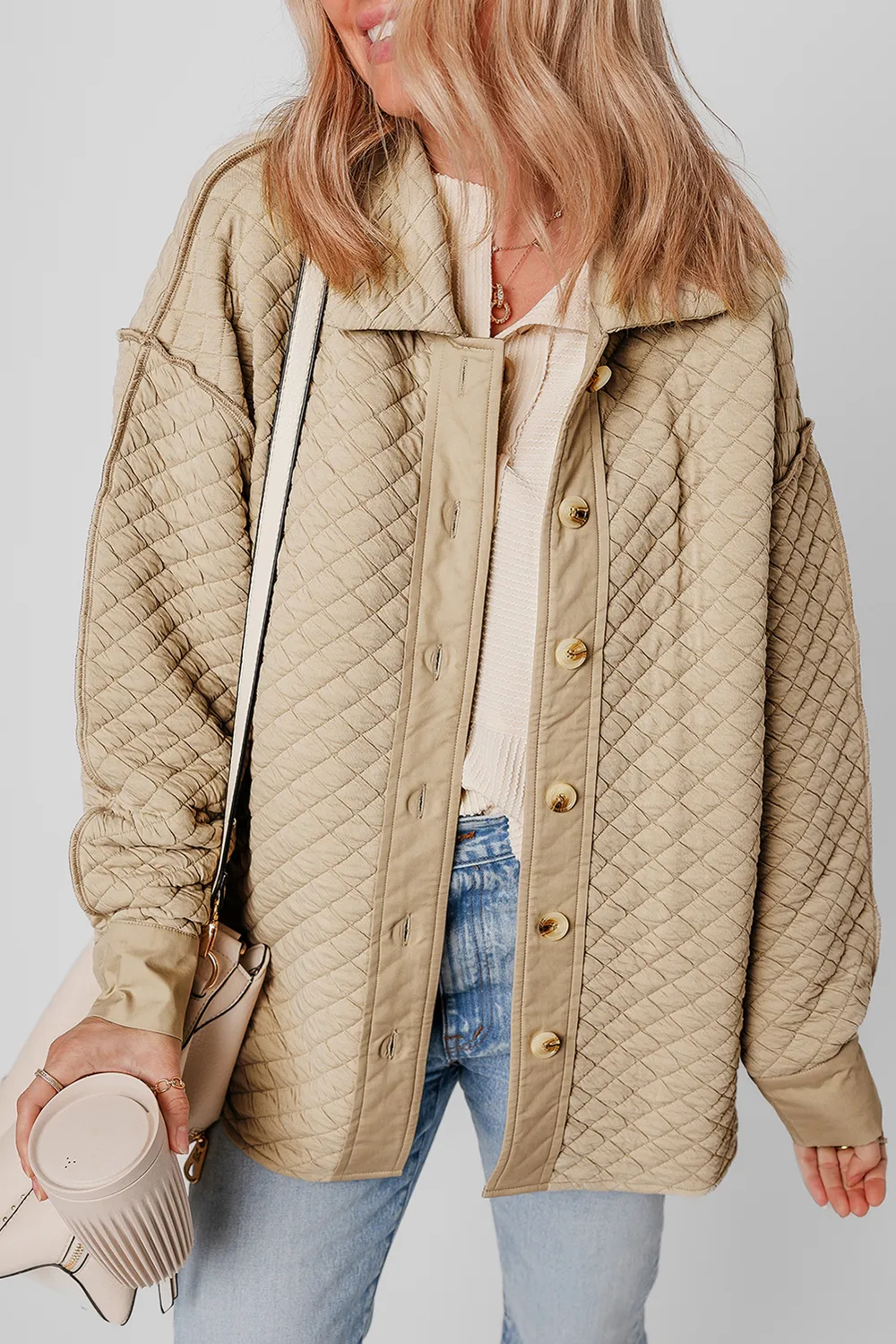 Exposed Seam Collared Neck Button Up Shacket, image 6