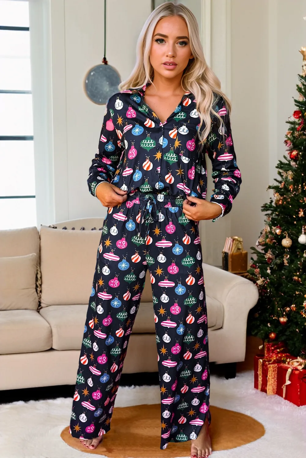 Christmas Lights Print Collared Neck Top and Pants Set, image 13