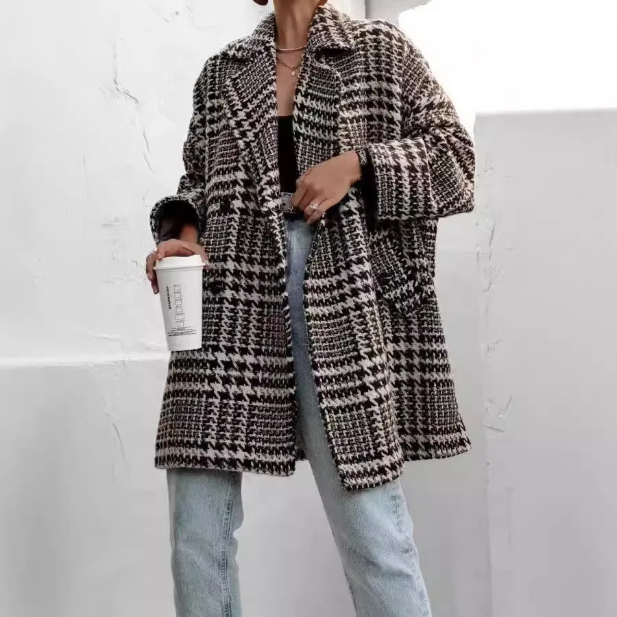 Houndstooth Collared Neck Long Sleeve Coat with Pockets, image 2