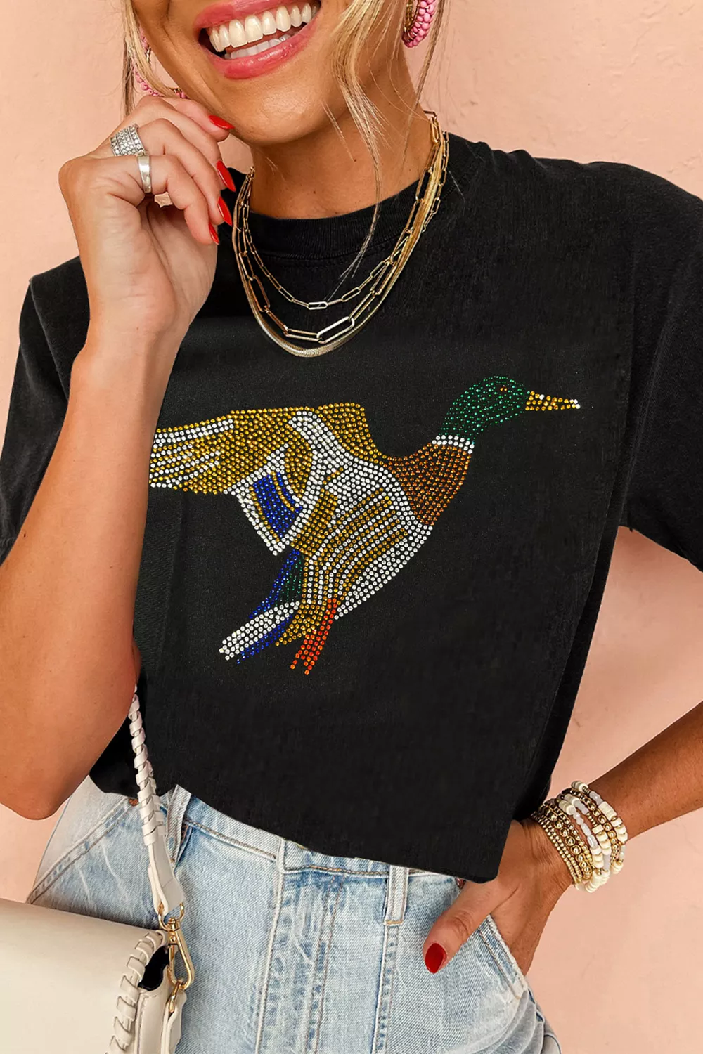 Full Size Rhinestone Flying Mallard Casual Round Neck T Shirt Plus Size, image 4
