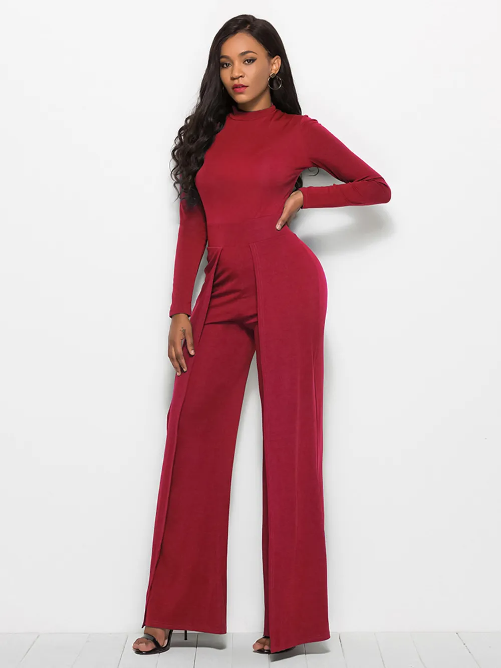 Long Sleeve Mock Neck Wide Leg Jumpsuit, image 11