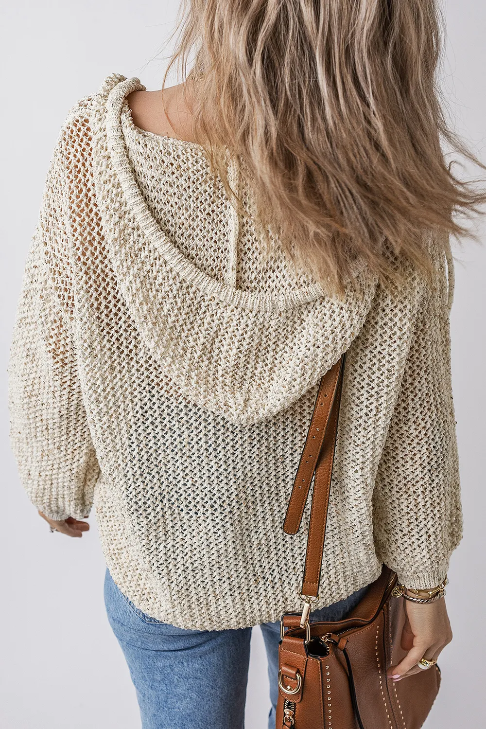 Openwork Dropped Shoulder Hooded Knit Top, image 5