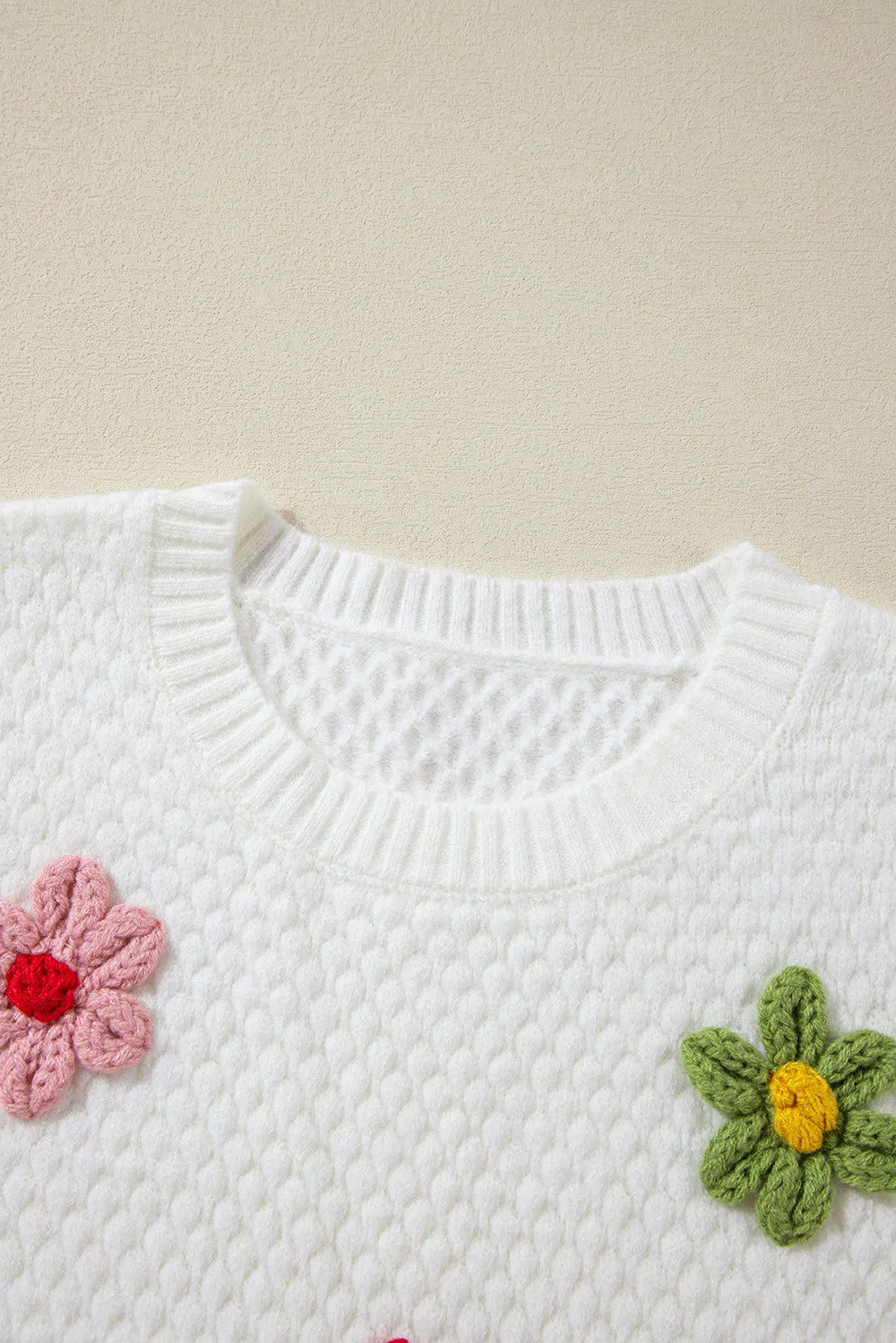 Crochet Flower Round Neck Long Sleeve Sweater, image 7
