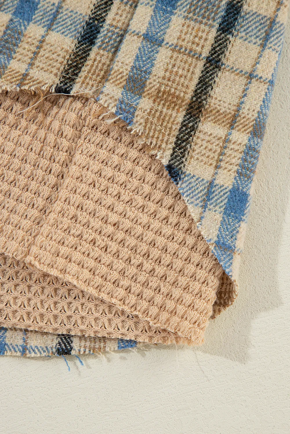 Drawstring Waffle Knit Patchwork Hooded Plaid Shacket, image 10
