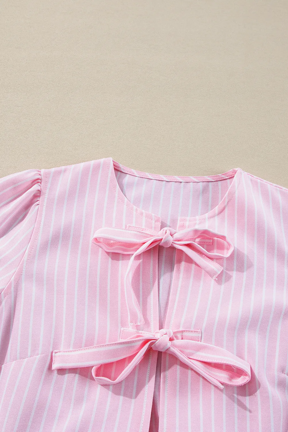 Tied Bow Striped Round Neck Blouse, image 6