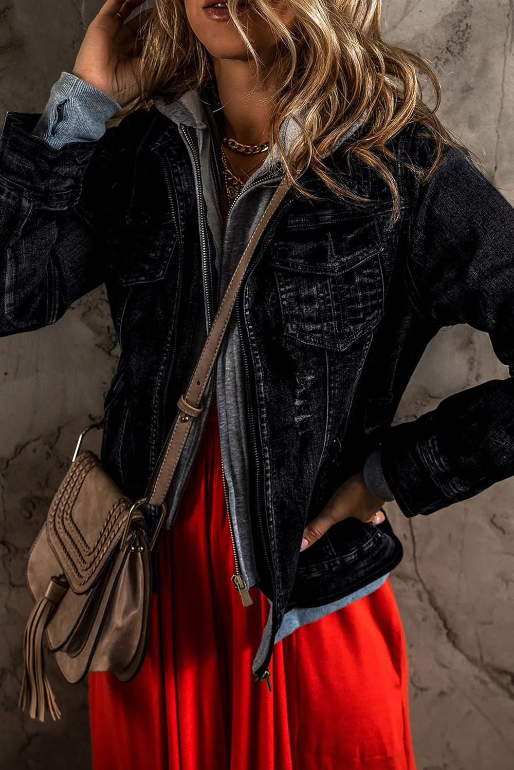 Fake Two-Piece Hooded Zip-Up Denim Jacket, image 5