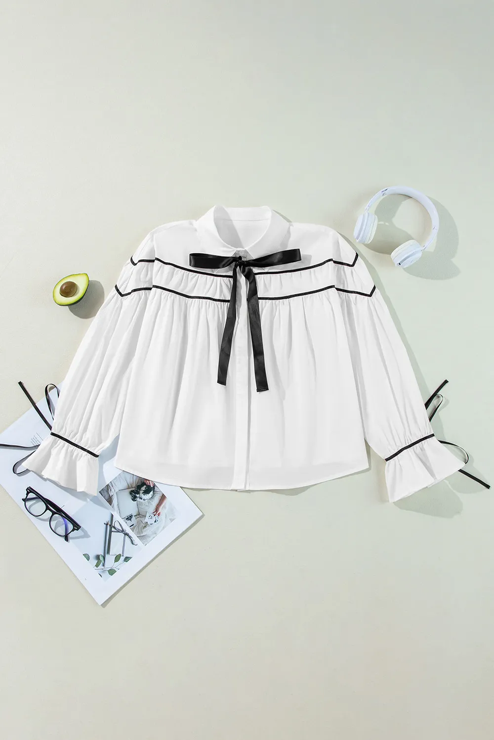 Ribbon Bowtie Collared Neck Flounce Sleeve Shirt, image 4