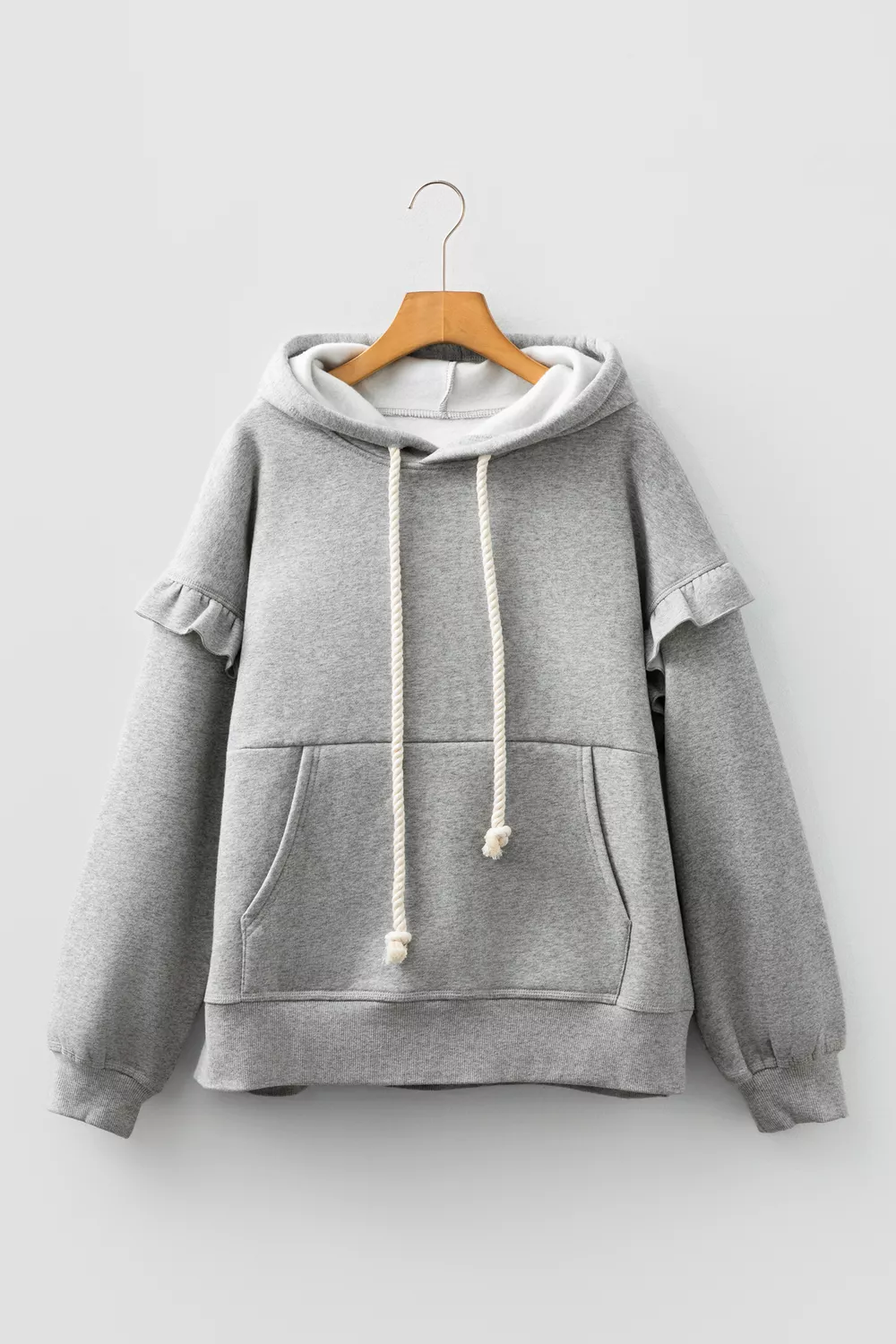 Contrast Rope Drawstring Ruffle Trim Drop Shoulder Baggy Hoodie, image 3