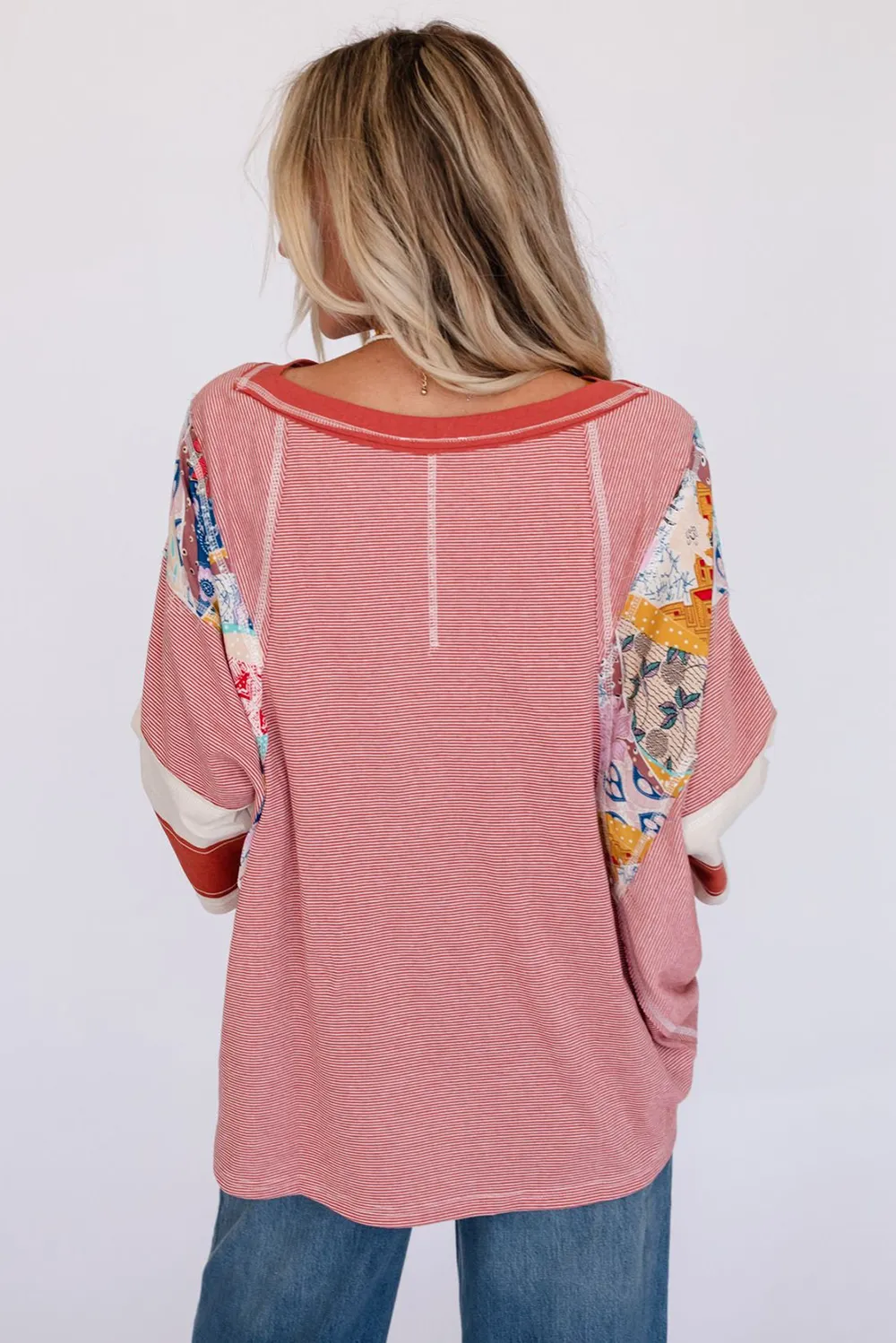 Striped Floral Patchwork Round Neck Top, image 2