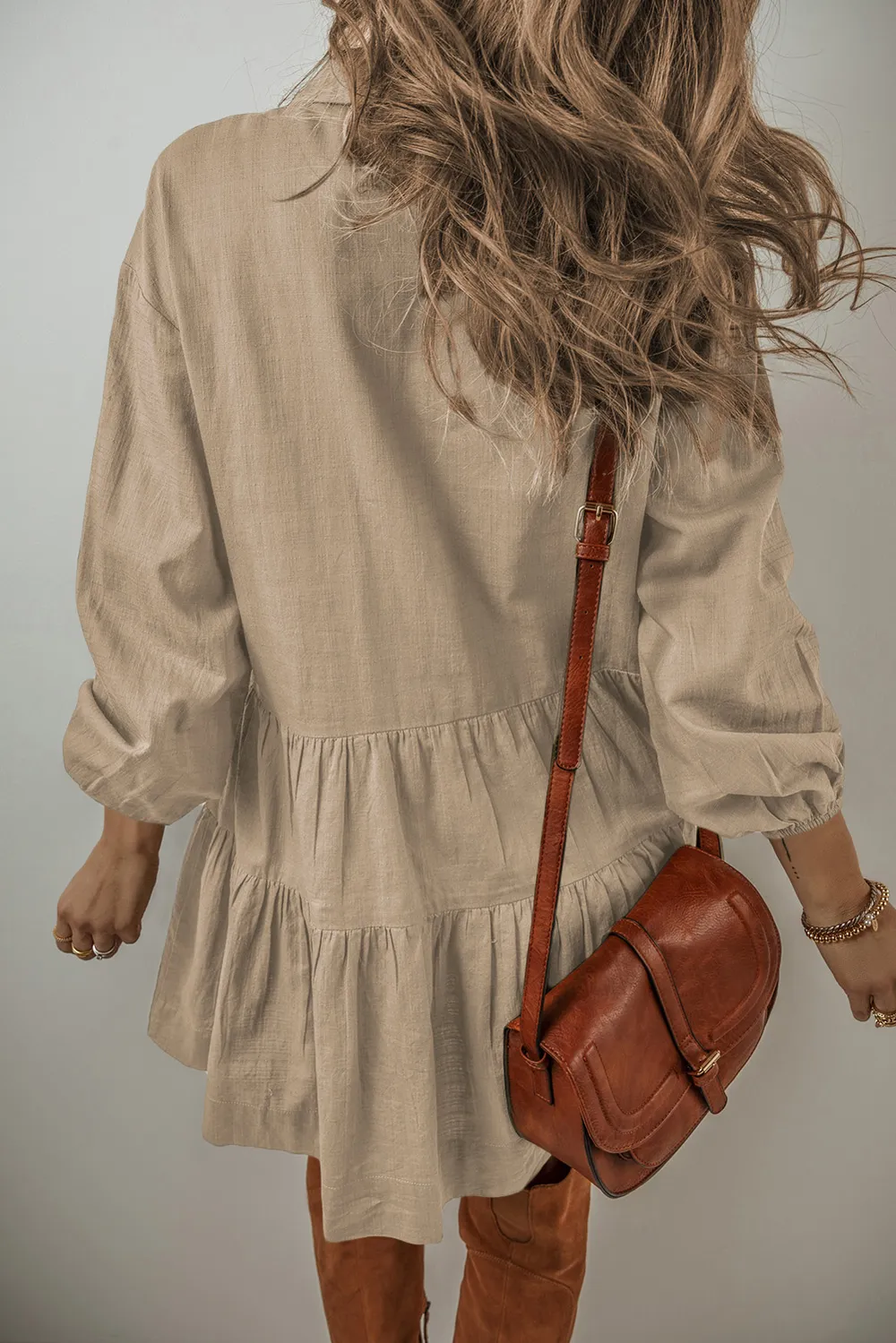 Tiered Collared Neck Balloon Sleeve Shirt Dress, image 8