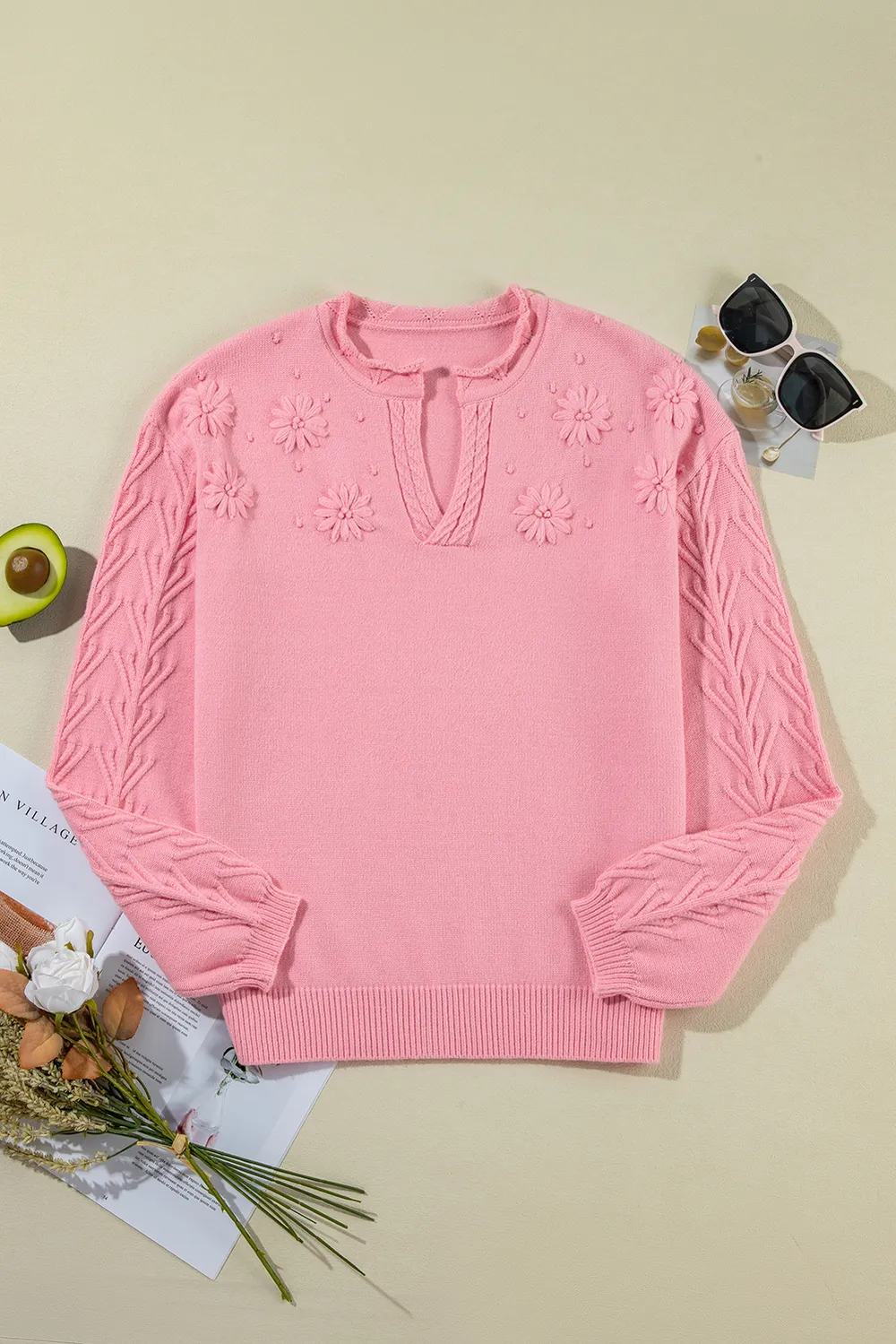 Daisy Notched Long Sleeve Sweater, image 5
