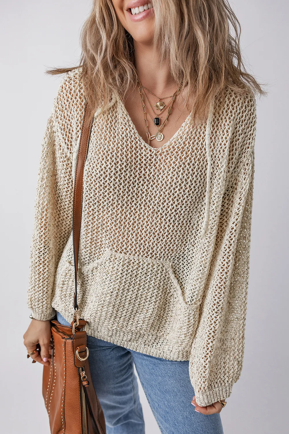 Openwork Dropped Shoulder Hooded Knit Top, image 6