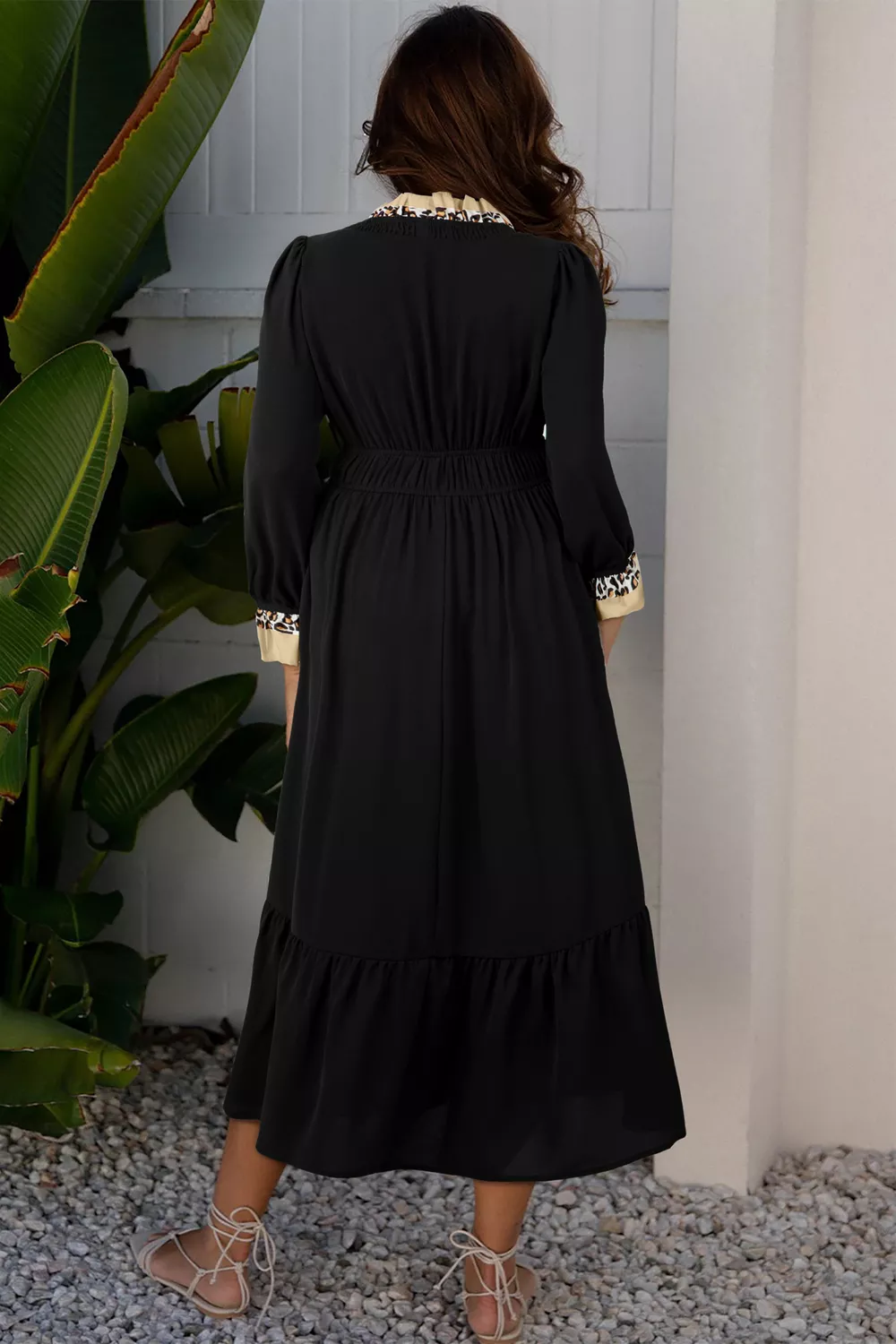 Contrast Leopard Frilled Trim V Neck Bracelet Sleeve Midi Dress, image 2