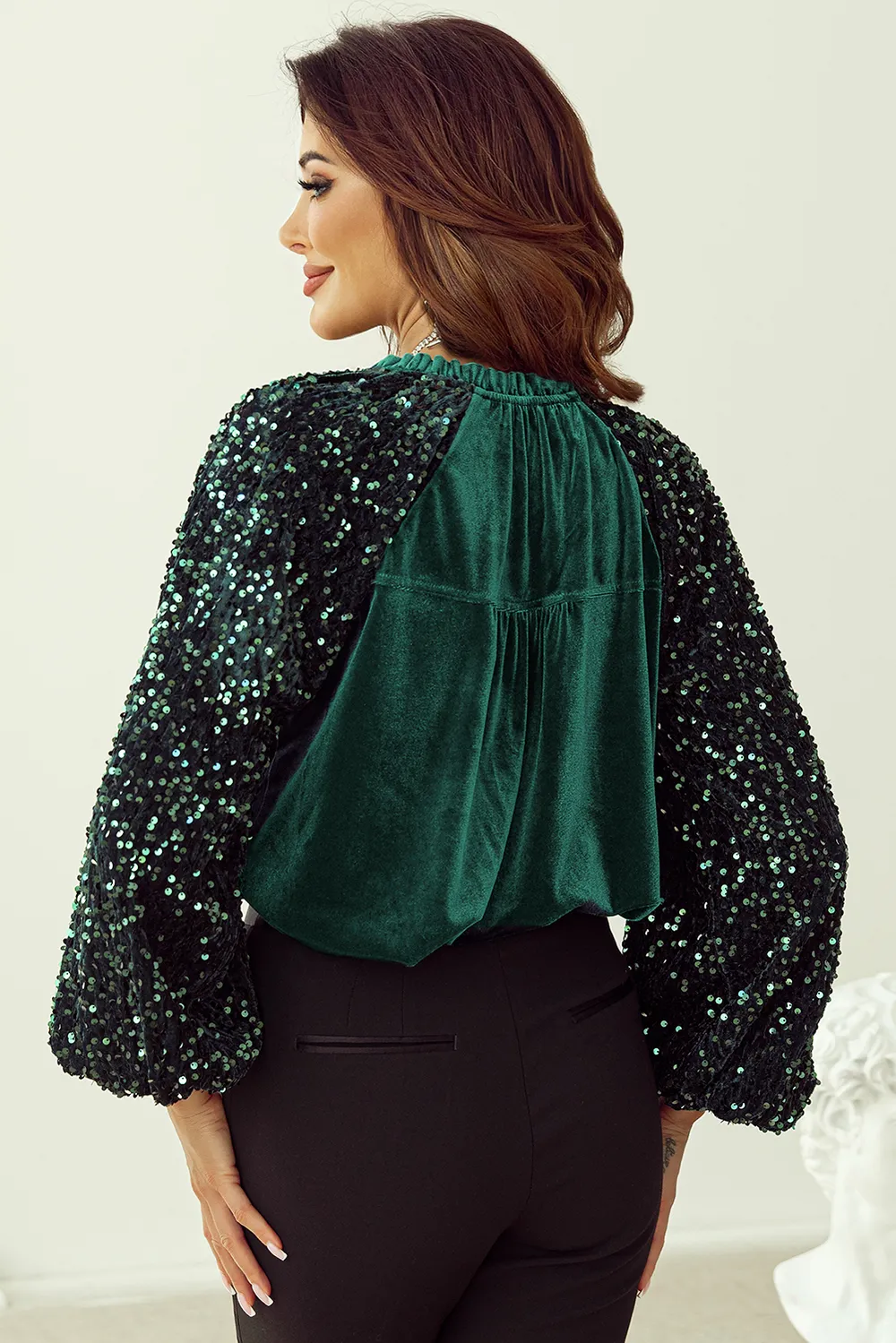 Sequin Notched Long Sleeve Blouse, image 3