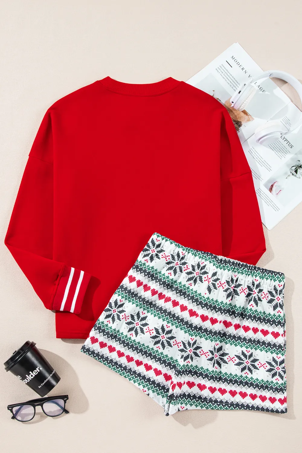 Letter Graphic Round Neck Top and Printed Shorts Lounge Set, image 12