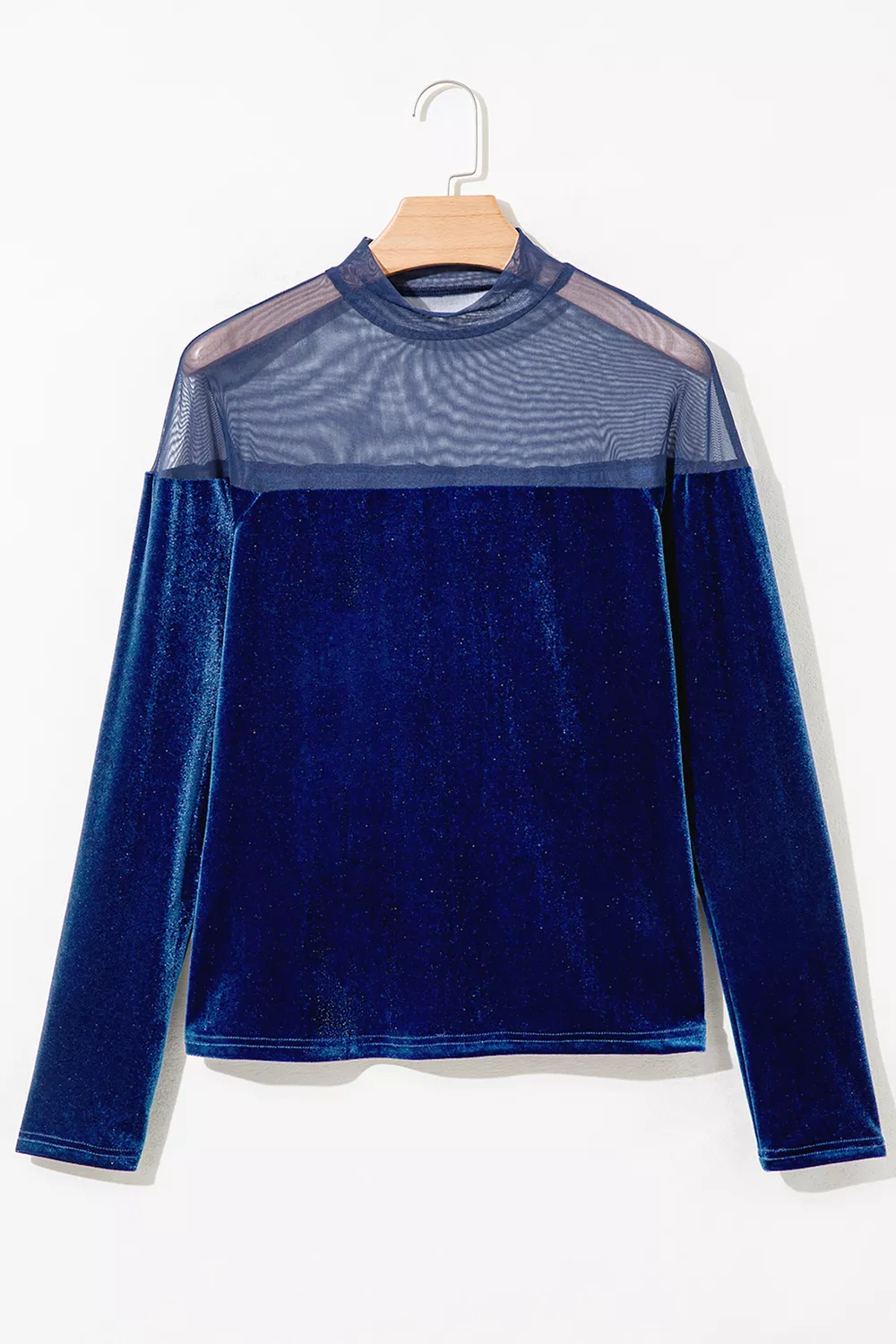 Velvet Long Sleeve Sheer Neck Patchwork Casual Top, image 5