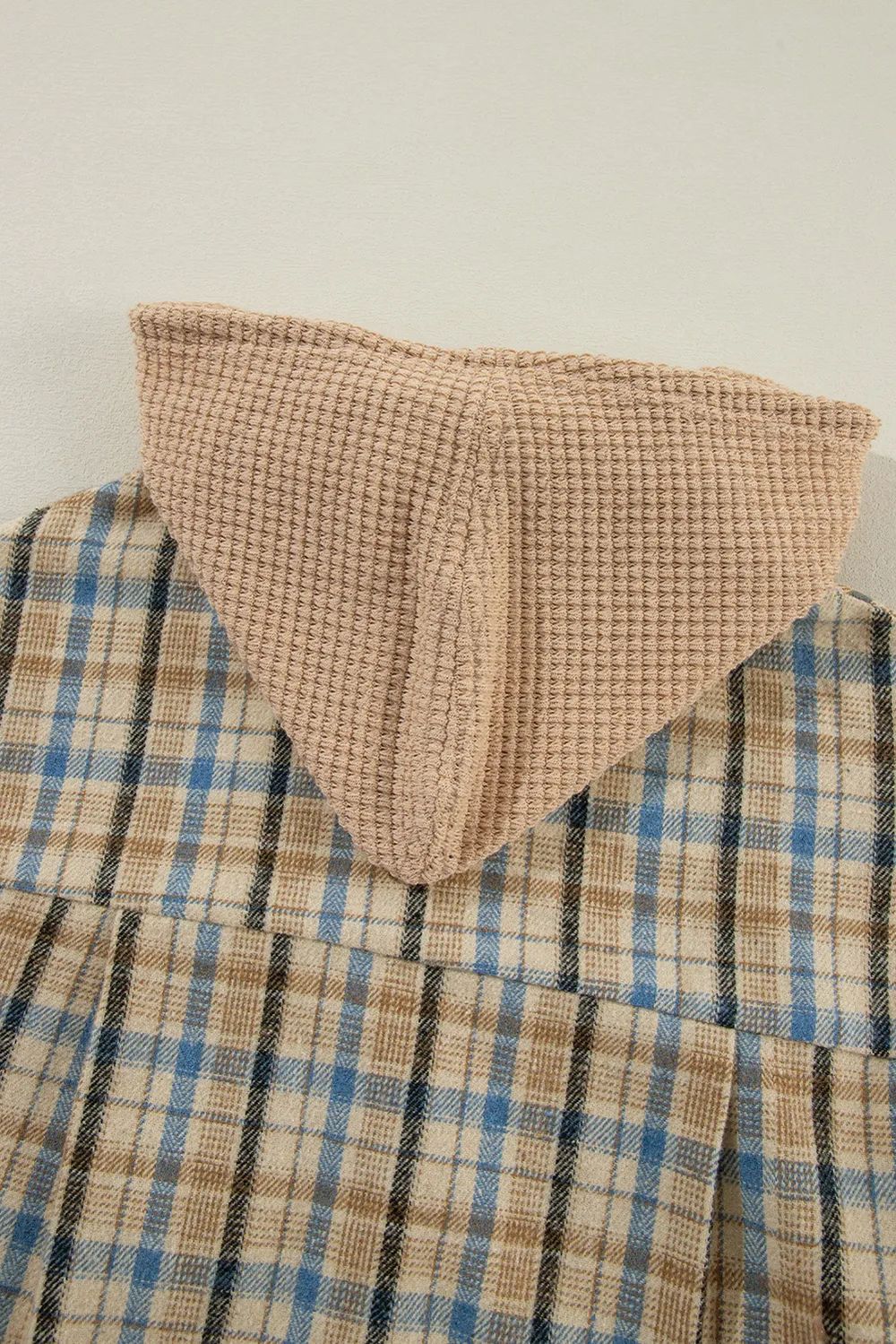 Drawstring Waffle Knit Patchwork Hooded Plaid Shacket, image 8