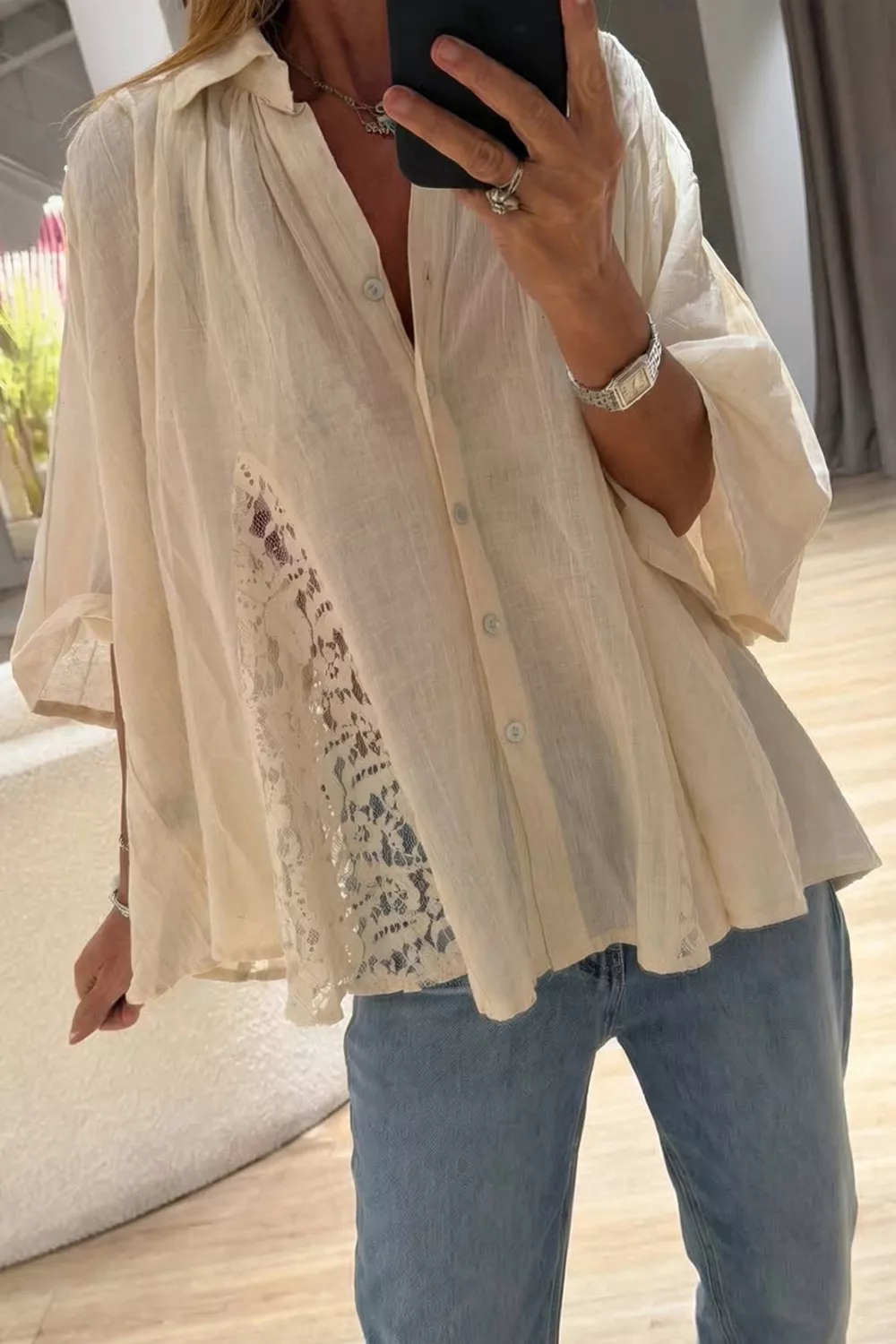 Sheer Lace Splicing Detail Bracelet Sleeve Loose Flowy Shirt, image 2