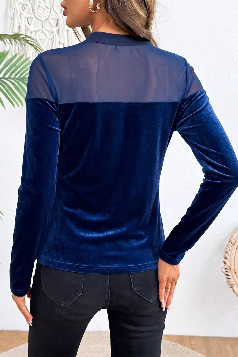 Velvet Long Sleeve Sheer Neck Patchwork Casual Top, image 2