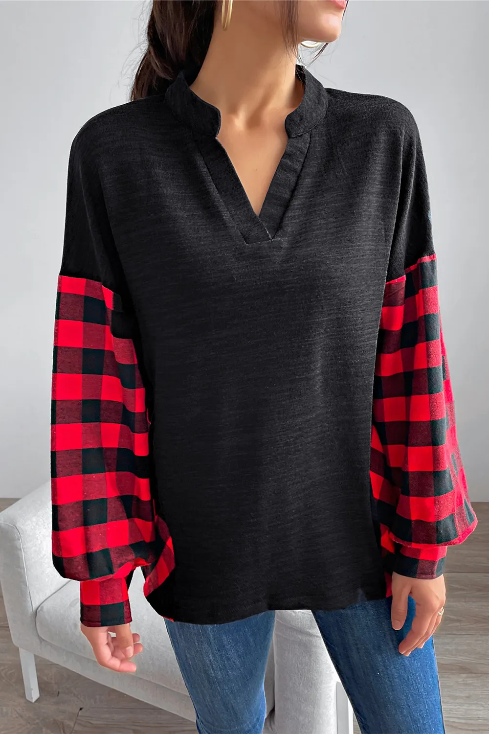 Buffalo Plaid Color Block Balloon Sleeve Top, image 4