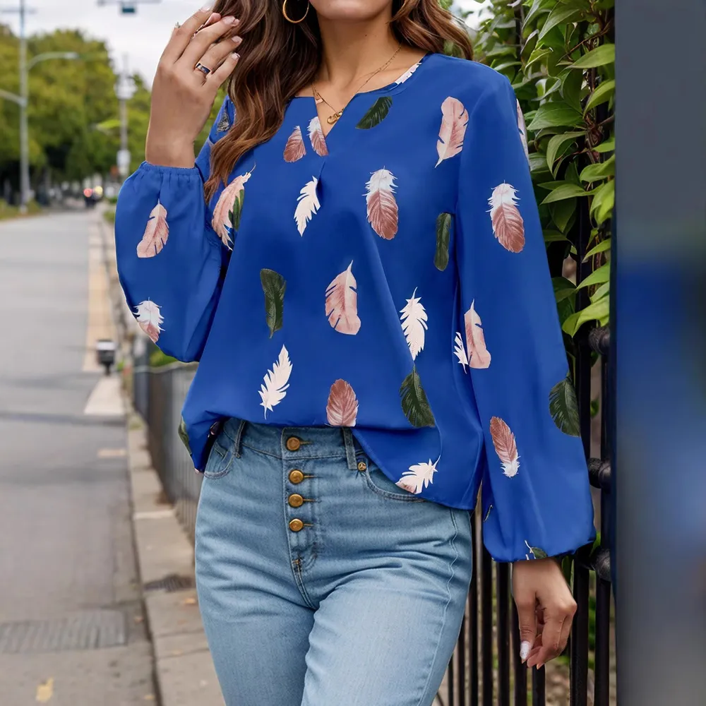 Feather Print Notched Balloon Sleeve Top, image 2