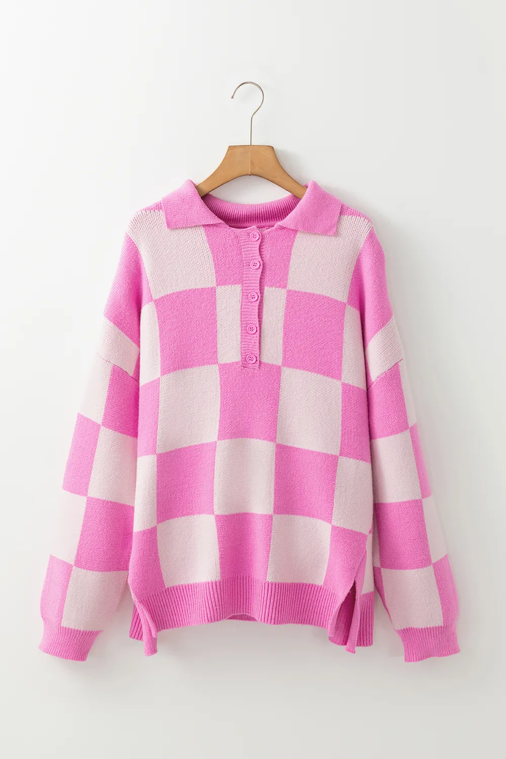 Slit Checkered Half Button Long Sleeve Sweater, image 6