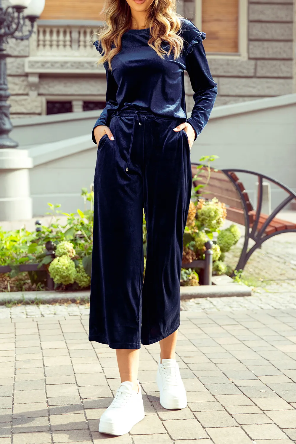 Frill Round Neck Long Sleeve Top and Pants Set, image 13