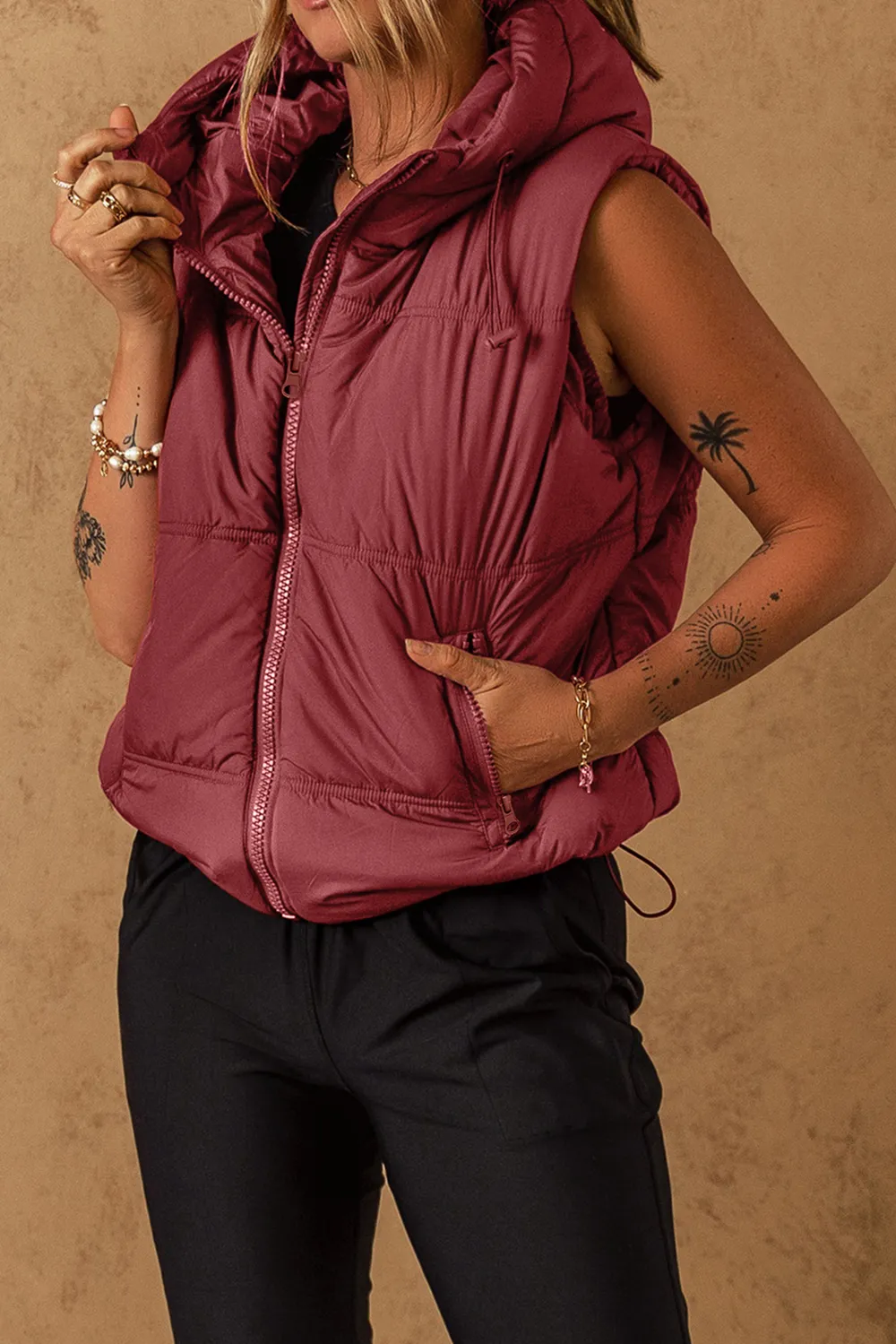 Drawstring Zip Up Hooded Vest Coat, image 9