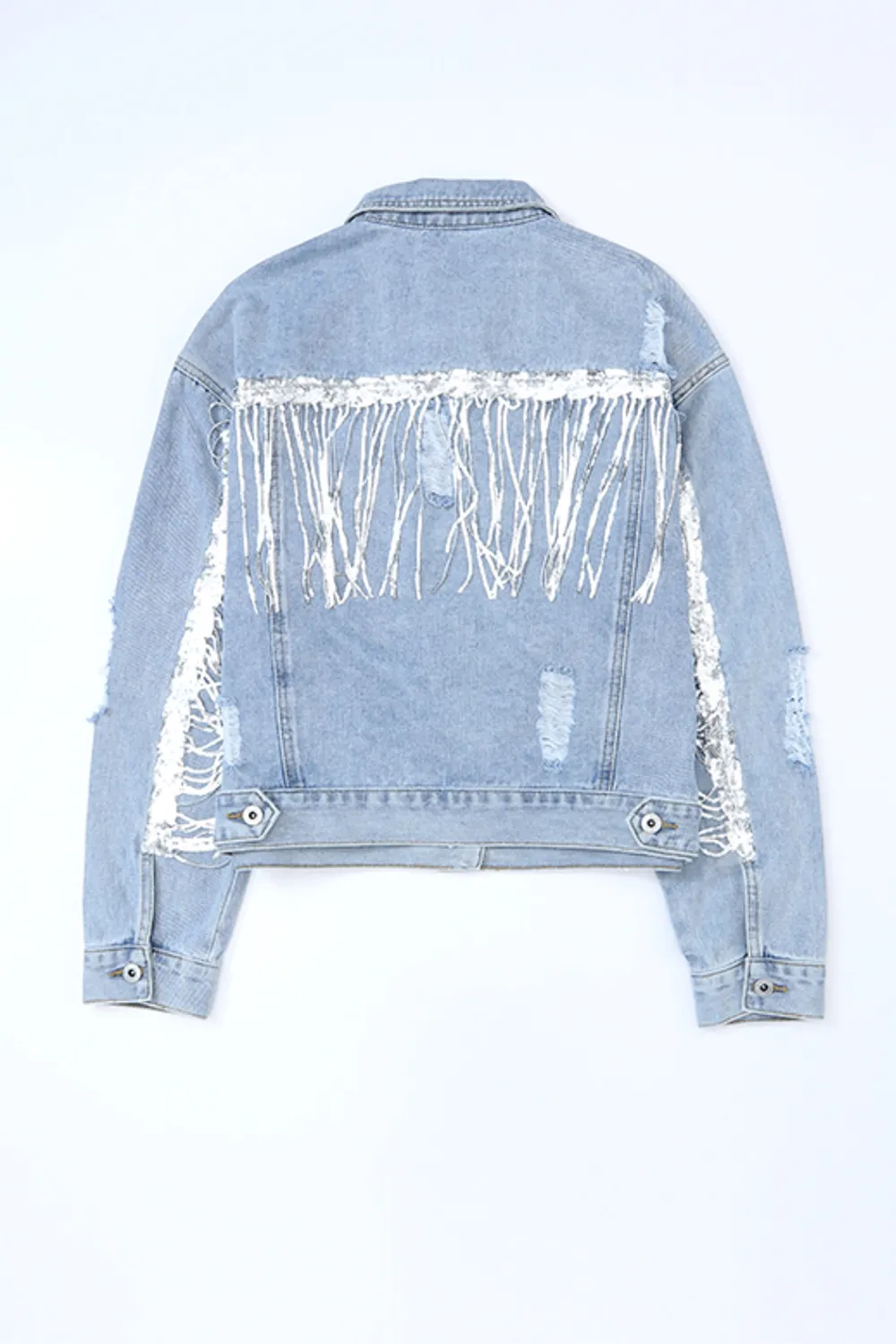 Sequin Fringe Trim Distressed Button Up Denim Jacket, image 6