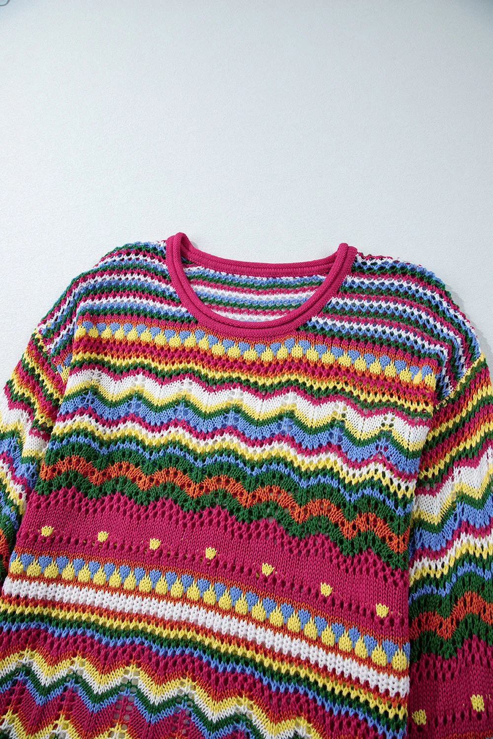 Openwork Contrast Round Neck Flare Sleeve Knit Top, image 7
