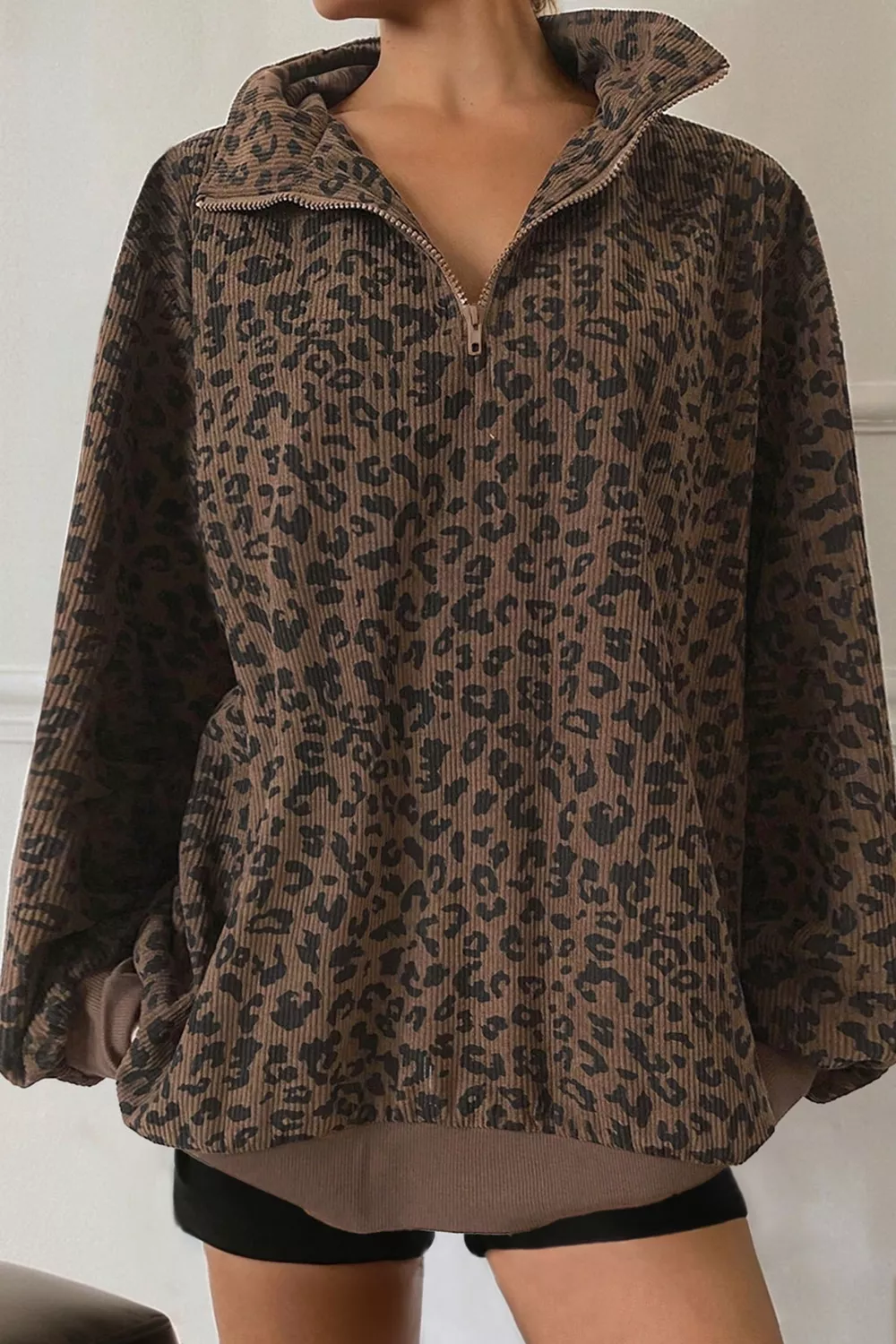Leopard Print Quarter Zip Corduroy Sweatshirt, image 8