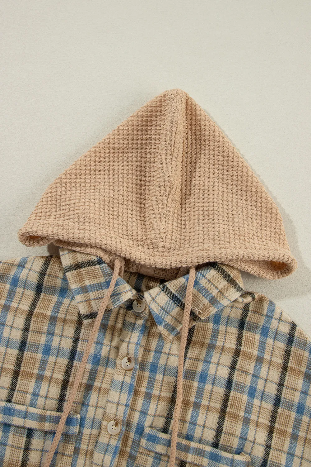 Drawstring Waffle Knit Patchwork Hooded Plaid Shacket, image 9