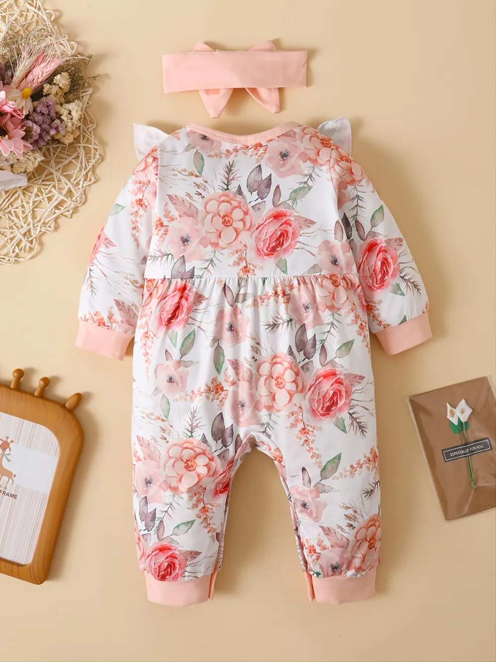 Ruffled Floral Round Neck Jumpsuit with Headband, image 3