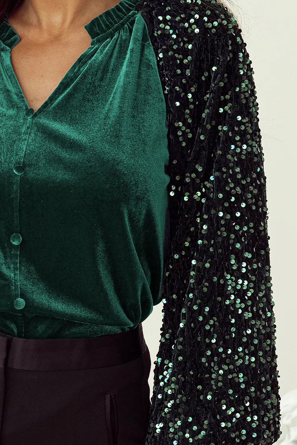 Sequin Notched Long Sleeve Blouse, image 6