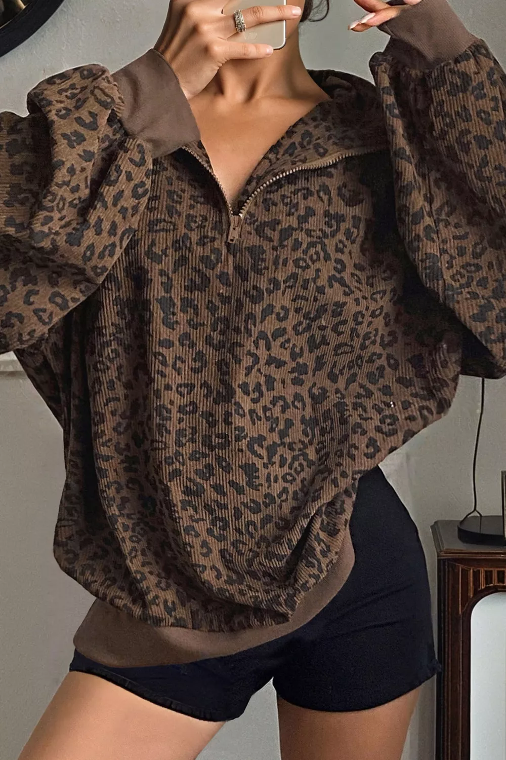 Leopard Print Quarter Zip Corduroy Sweatshirt, image 9