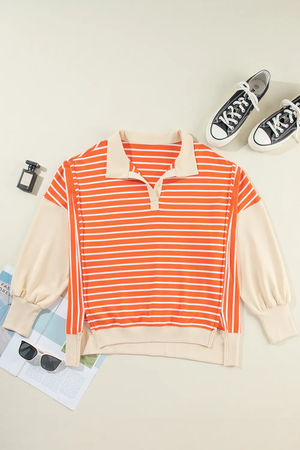 Striped Johnny Collar Long Sleeve Sweatshirt, image 6