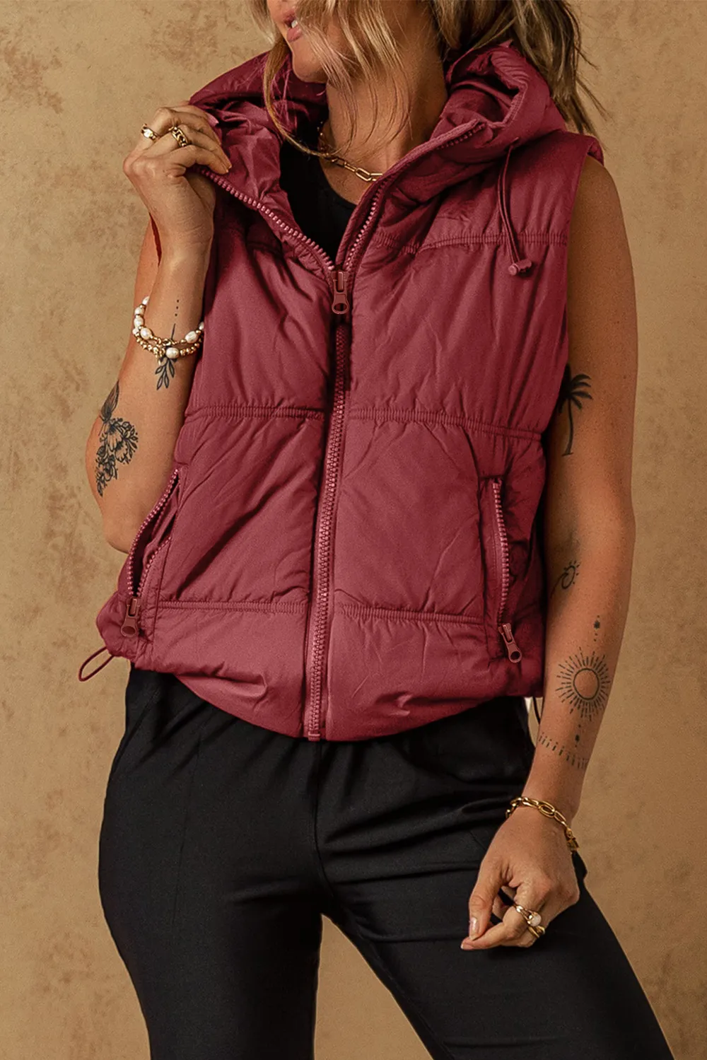Drawstring Zip Up Hooded Vest Coat, image 14