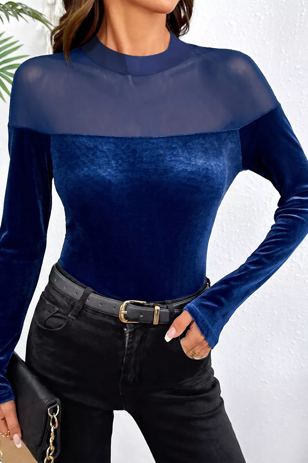 Velvet Long Sleeve Sheer Neck Patchwork Casual Top, image 3