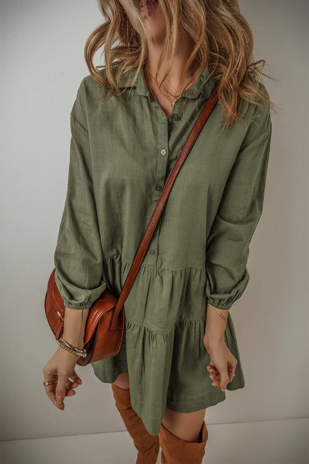 Tiered Collared Neck Balloon Sleeve Shirt Dress, image 12