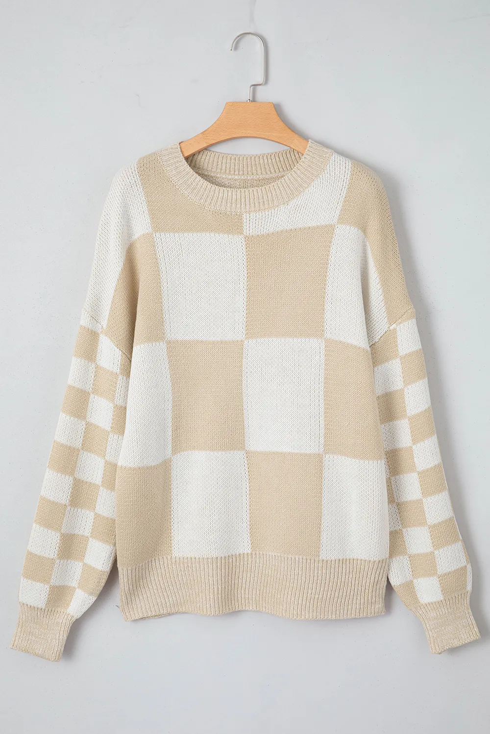Checkered Round Neck Drop Shoulder Sweater, image 8