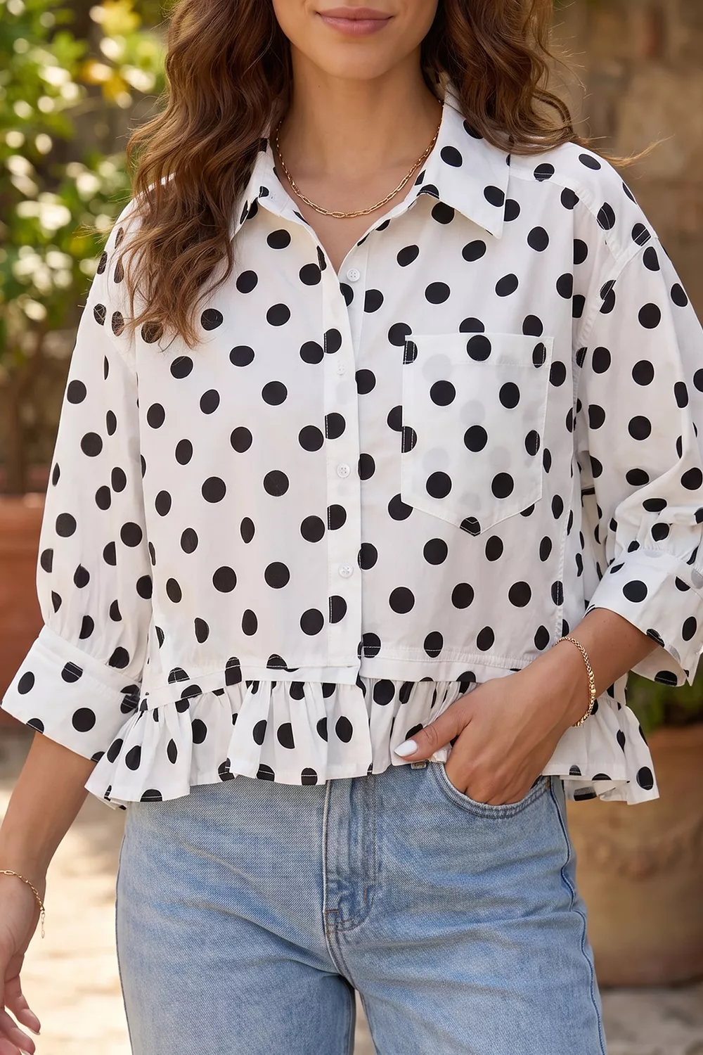Polka Dot Print Three‑Quarter‑Sleeve Ruffle Hem Casual Shirt, image 2