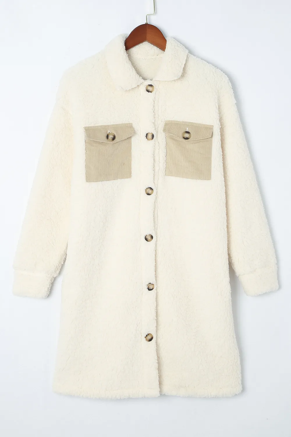 Collared Neck Long Sleeve Longline Teddy Jacket, image 3
