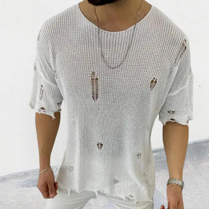 Men's Distressed Round Neck Knit Top, image 2