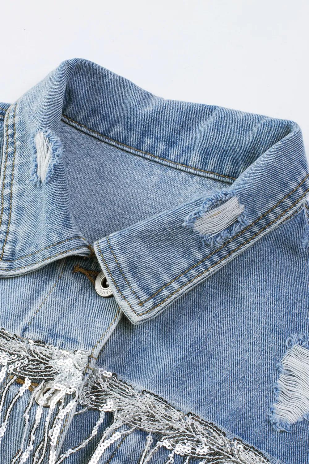 Sequin Fringe Trim Distressed Button Up Denim Jacket, image 10