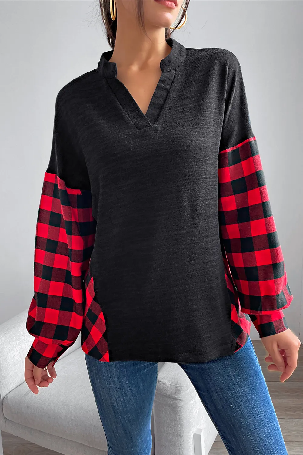 Buffalo Plaid Color Block Balloon Sleeve Top, image 2