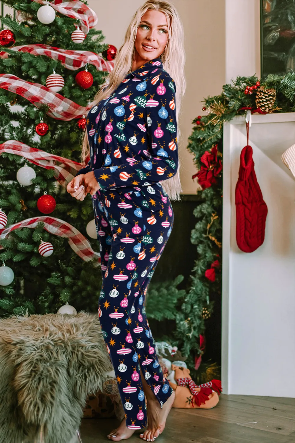 Christmas Lights Print Collared Neck Top and Pants Set, image 20