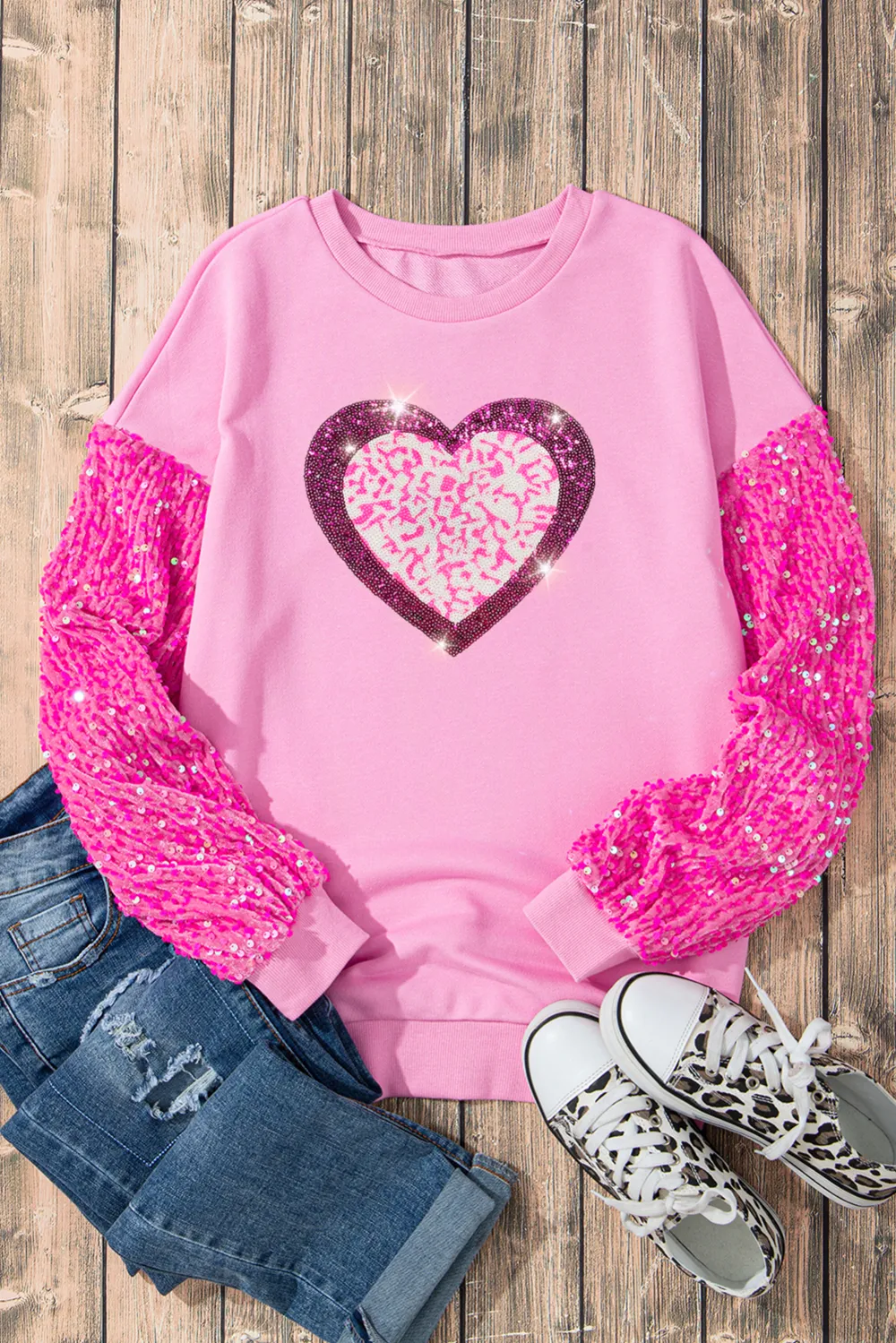 Valentine’s Day Sequin Heart Long Sleeve Sweatshirt, image 3