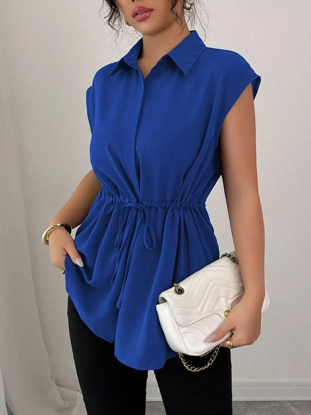 Drawstring Waist Cap Sleeve Shirt, image 2